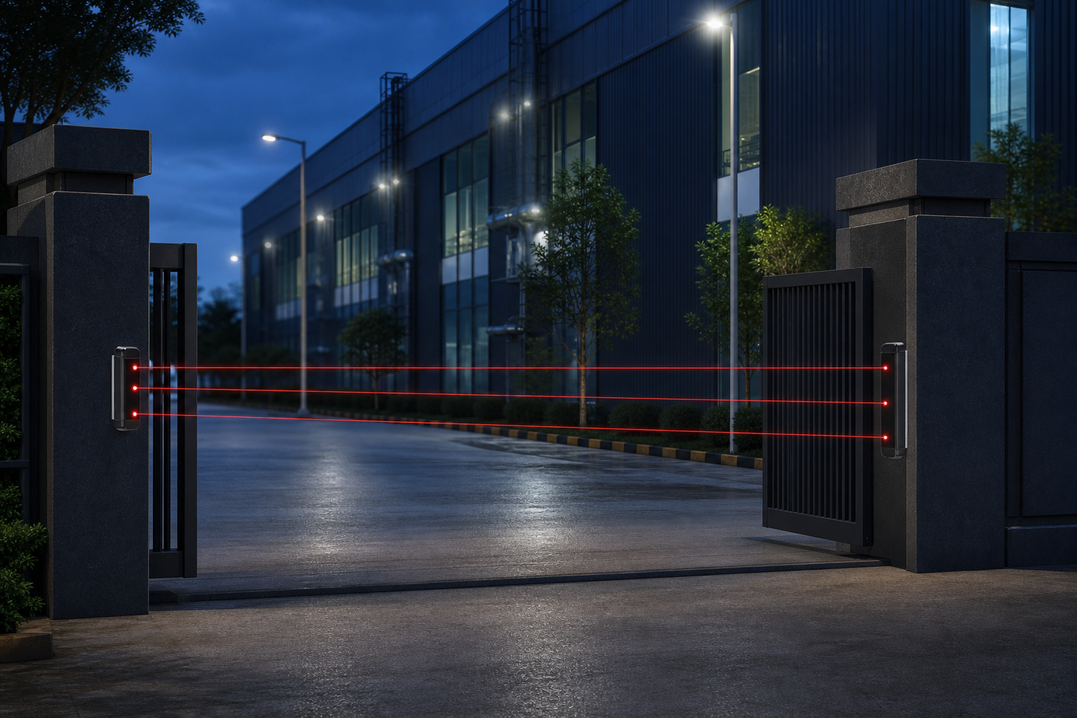 Generated view of laser intrusion detection protecting an industrial entrance